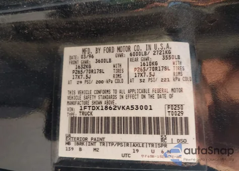 1997 Ford F-150 Lariat/Xl/Xlt из США, поврежденный, VIN 1FTDX1862VKA53001